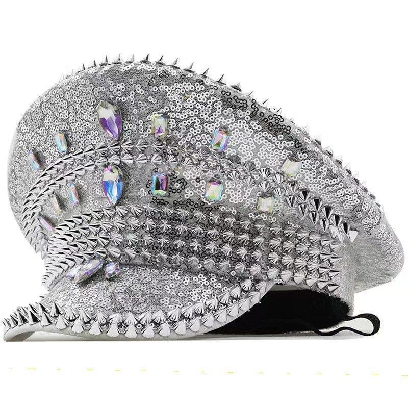 Sombrero azul marino con incrustaciones de diamantes, boina estilo punk, sombrero y2k, sombrero de marinero para mujer con ambiente otoñal e invernal, sombrero dorado para clima frío