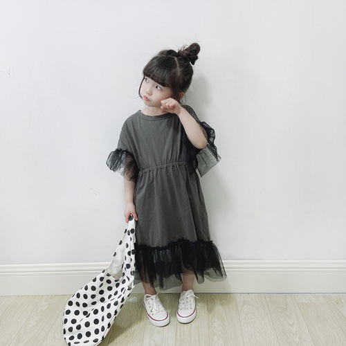 ANKRT Spring and Autumn Parent-Child Series Japanese Style Long Length Waist-Close Inconsistent Splicing Fringe Net Dress for Girls