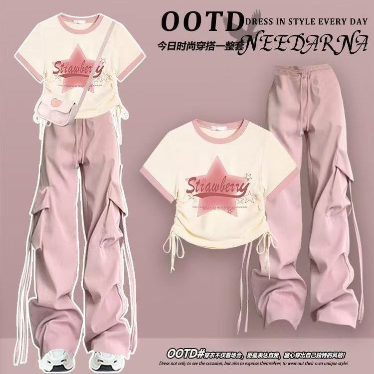 Dopamine Sweet Spicy Girl Outfit Women 2025 Trendy Cool Cargo Pants Summer Outfit College Style Complete Set
