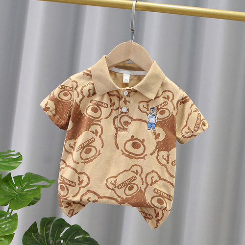 T070-Piece printed embroidered bear POLO shirt, versatile outer wear, summer style, loose collar, trendy ins