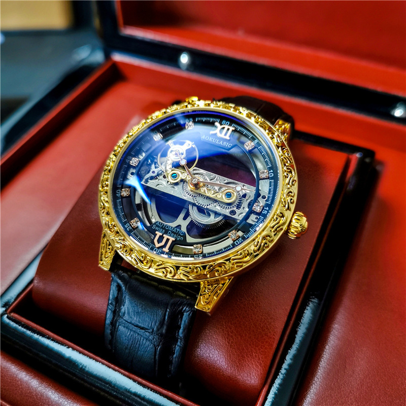 Oglas AOKULASIC reloj mecánico automático de los hombres de doble cara hueco tallado vintage impreso reloj 2120