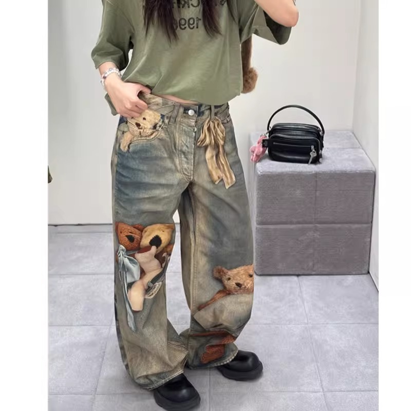 1981 Wide-Leg Jeans with 3D Teddy Bear Print for Men and Women