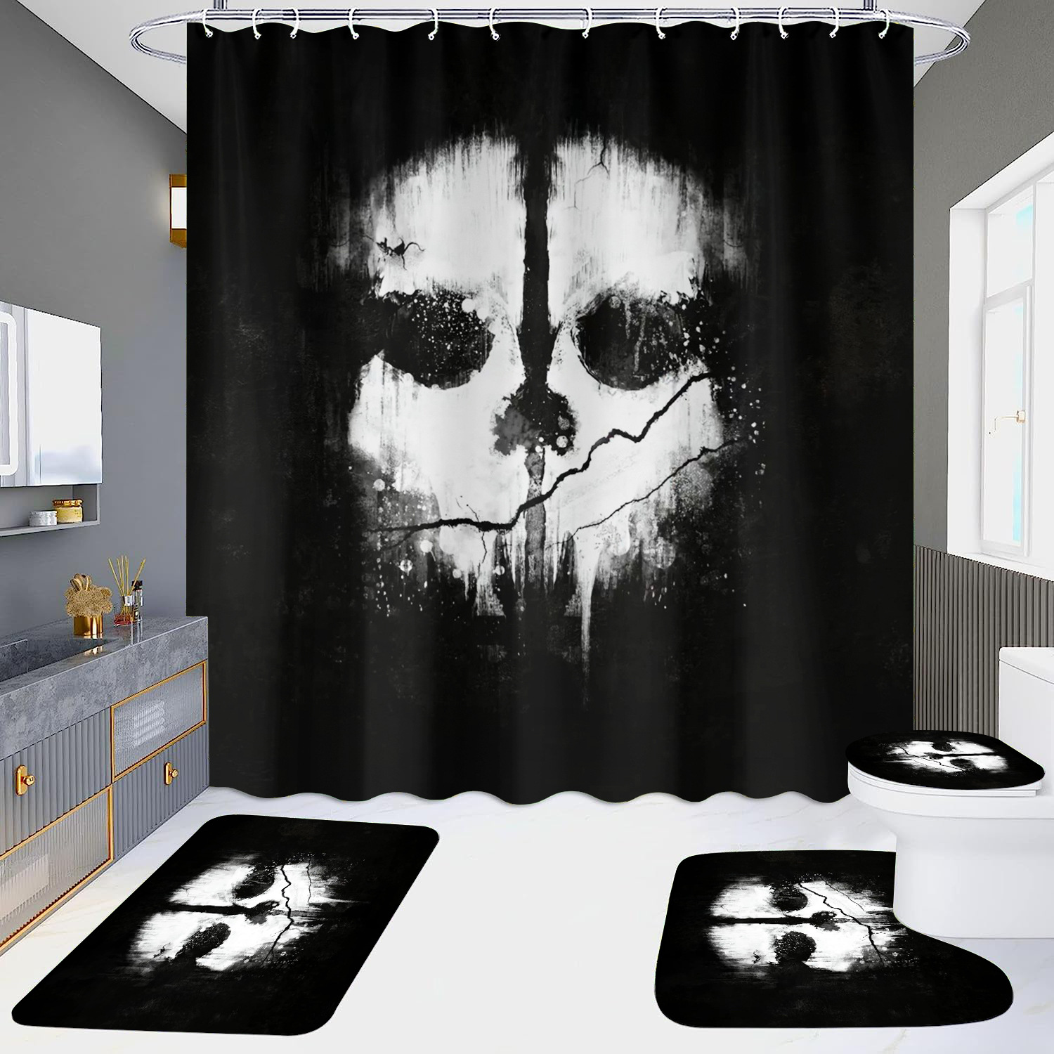 Cortina de ducha de suministro directo transfronterizo conjunto de cuatro piezas hd impermeable sin perforaciones baño hotel baño partición cortina wansheng cráneo