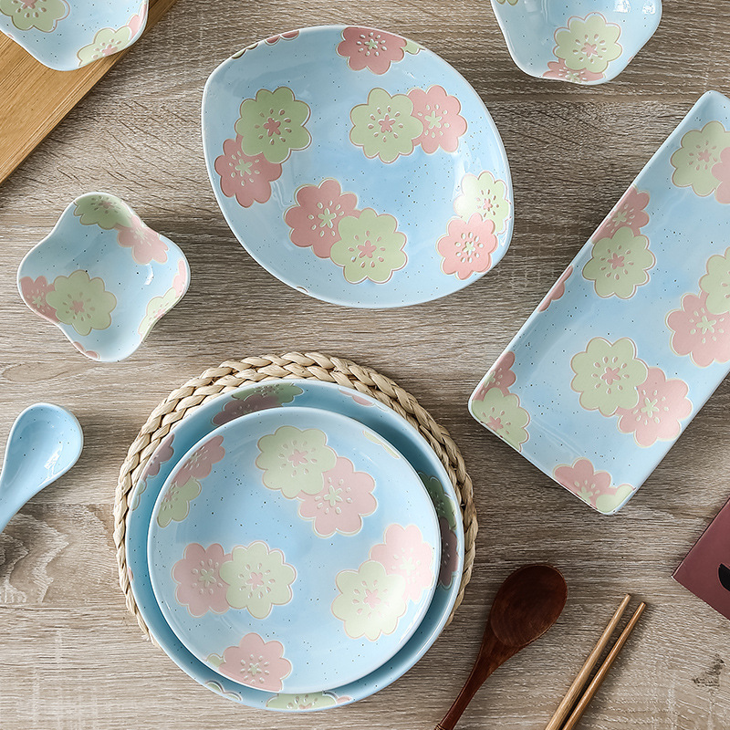 Flower Love Small Fresh Household Tableware Rice Bowl Deep Dish Plate Set Large Soup Bowl Noodle Bowl Fish Plate Export Outbound