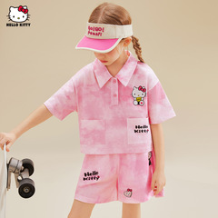 女の子の夏のスポーツとレジャーの2つのセット2025新型の甘くて染められたtシャツの半ズボンの中の大きい子供のスーツ