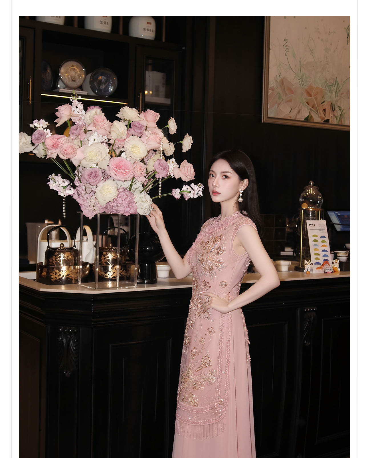 Đầm maxi nữ thắt eo thiết kế hoa nổi thêu ren cao cấp — màu hồng chi tiết 10