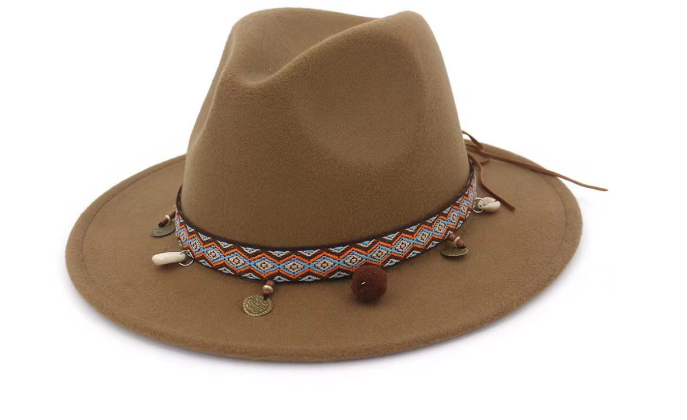 AliExpress Amazon eBay Venta caliente sombrero de lana de las mujeres estilo étnico retro ala plana ala grande Jazz sombrero