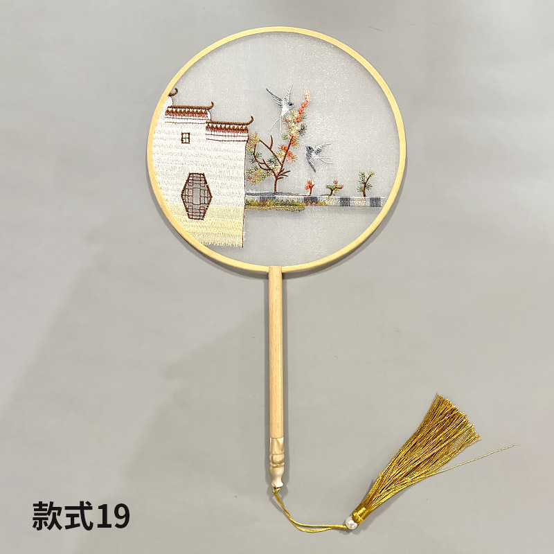 Abanico de grupo bordado Abanico redondo clásico Abanico de palacio Hanfu chino Estilo antiguo Mango largo Borla Cheongsam Ventilador de baile de seda transparente