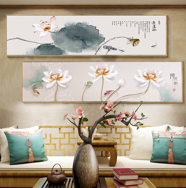 New Chinese-style study room tea room decoration painting living room bedroom model room inn hanging painting sofa background wall hotel mural