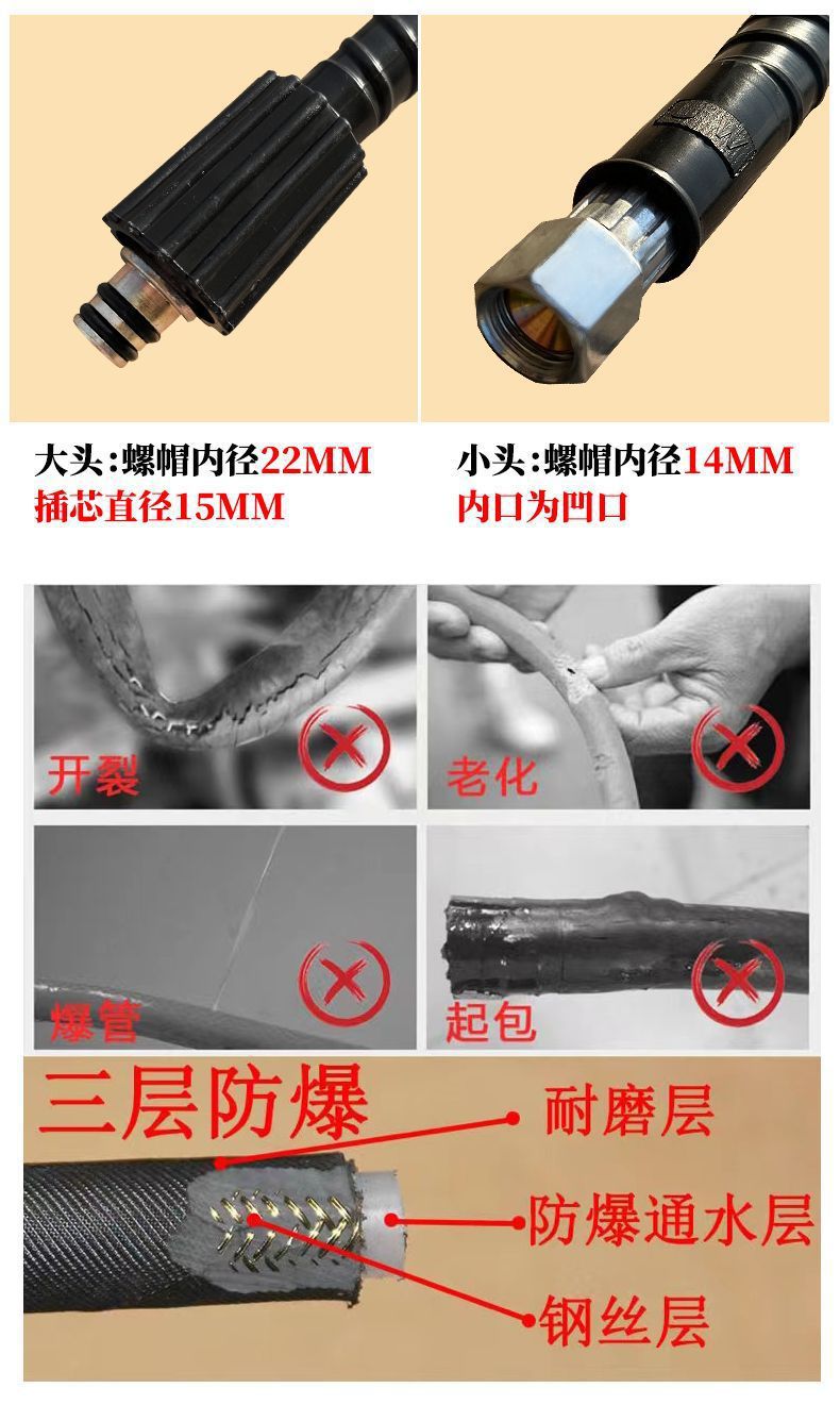 Super Pressure Explosion-Proof Water Pipe Car Washing Machine High-Pressure Steel Wire Pipe Special Household Black Cat 380 Cleaning Machine Accessories