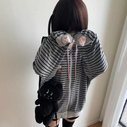 Strawberry Cat Embroidered Striped Top with Cute Cat Ears, Beige and Black Grey Sweatshirt, Loose Outerwear for Women, Autumn and Winter, Japanese Style, Soft Girl
