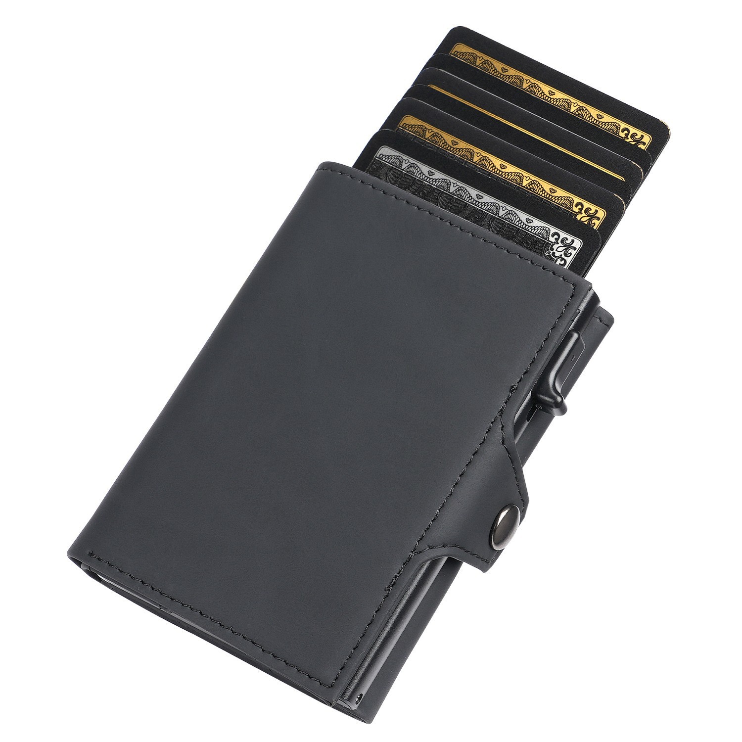 Amazon multifuncional con cremallera, funda para tarjeta, empuje lateral, caja de tarjeta de metal, hebilla, billetera de cuero para hombre