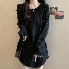 大きいサイズの筋肉感の蝶結びのフォークの長袖のtシャツの女性の秋の新型のゆったりしているのが見えます。