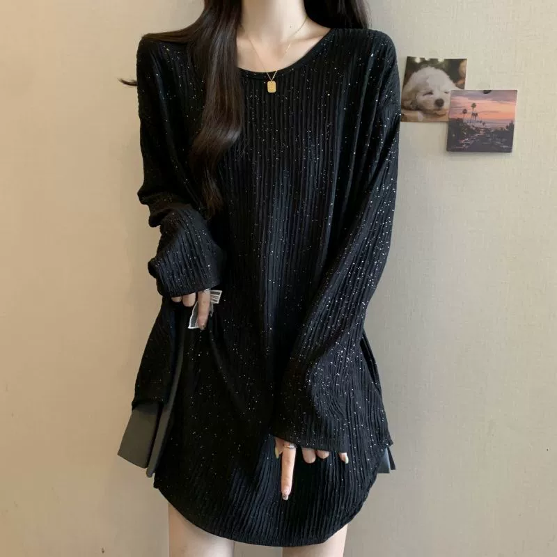 Большой размер текстуры чувство бант с открытым развилкой с длинными рукавами футболка женская осень новая свободная тонкая звездная топ женская