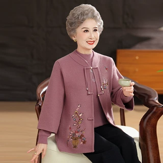 中老年人秋装女套装妈妈毛衣两件套老太太奶奶衣服老人针织衫开衫