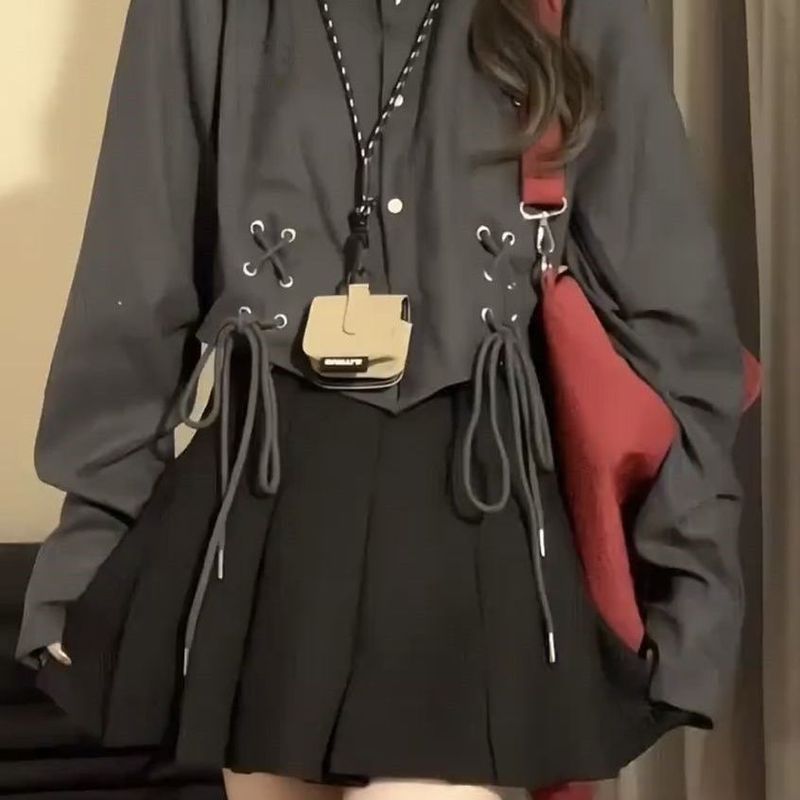 两件套装女 秋季新款学院风绑带长袖衬衫上衣女+百褶短裙休闲套装|undefined