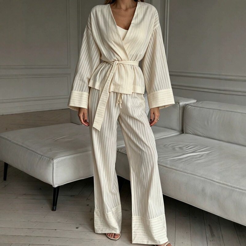 European and American ins-style simple striped cardigan pajamas for women, waist-tied, long-sleeved, wide-leg, casual home two-piece set wholesale European and American ins-style simple striped cardigan pajamas for women, waist-tied, long-sleeved, wide-leg, casual home two-piece set wholesale
