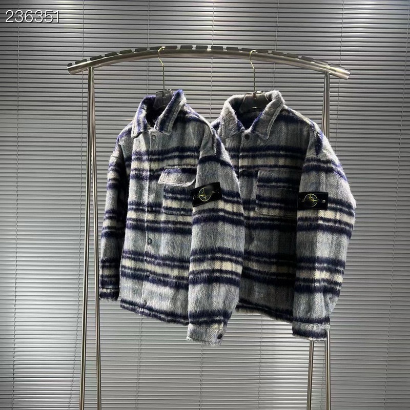 跨境Stone Island 石头岛男女重磅毛呢格纹经典袖章翻领棉服外套|undefined