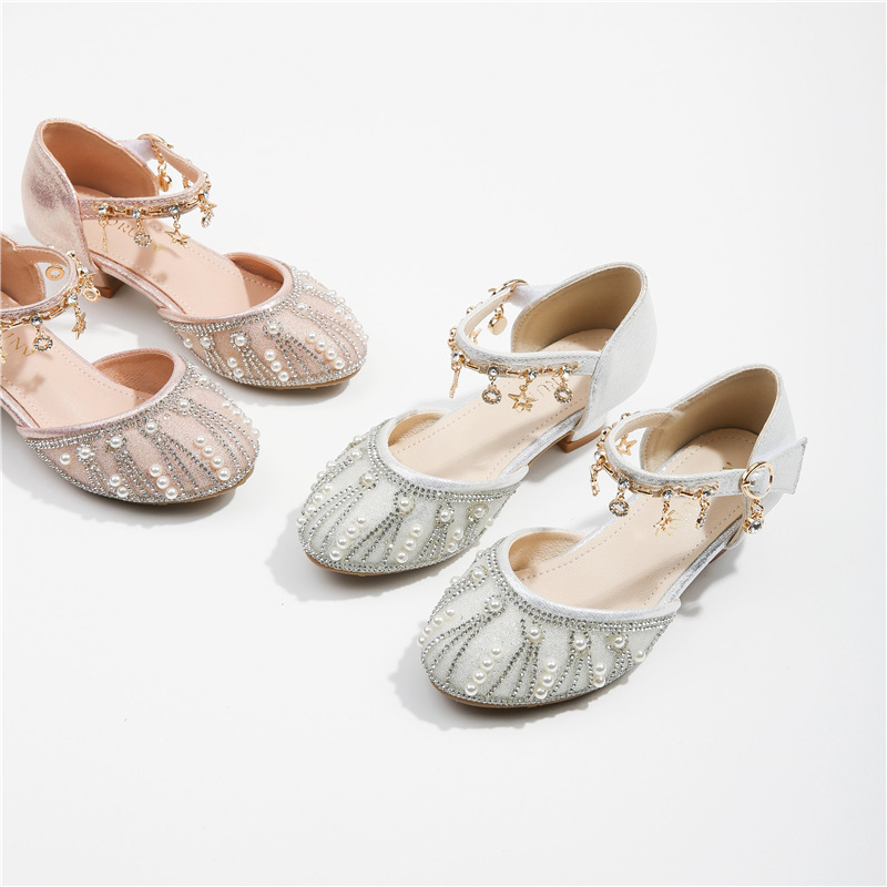 Girls' Pearl Princess Shoes 2025 Spring New Children's Hollow Baotou High Heel Sandals Little Girl Performance Dress Shoes