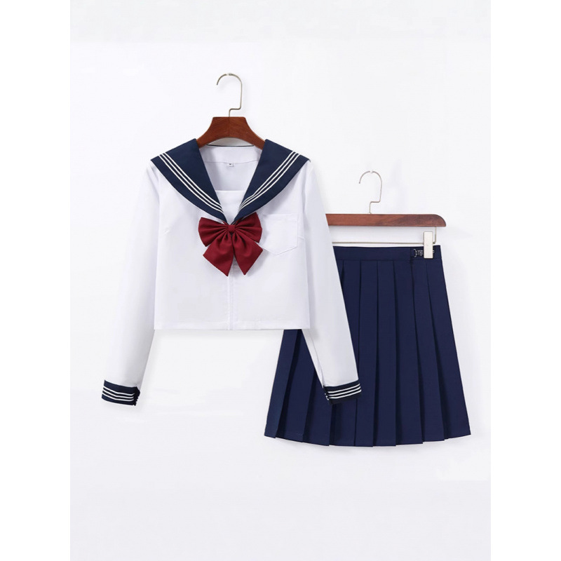 Full Set of Sailor Uniform Jk Outfit with Cyan Collar and White Three-Piece Jk Uniform, Genuine School-Style Pleated Skirt Half Skirt