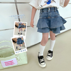 Elmo Beibei Girls Korean Version Sweet Cool Hot Girl High Elastic Denim Pleated Skirt 2024 Summer Children's Fake Two-piece Skirt