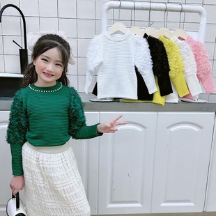 European and American Style Children's Clothing for Girls 2024 Spring and Autumn New Round Neck Beaded Long-Sleeved T-Shirt Solid Color Long-Sleeved T-Shirt