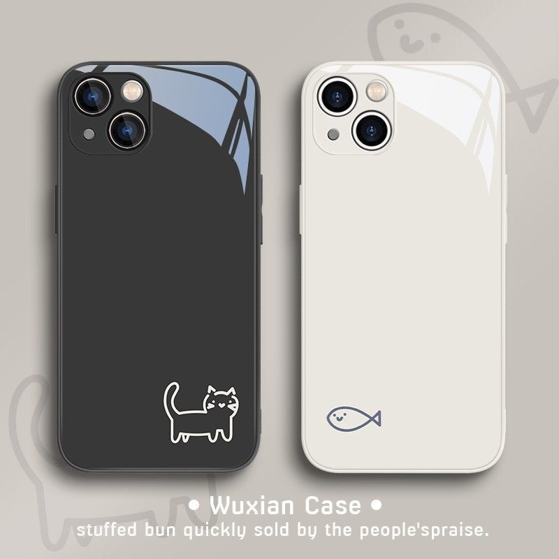 Suitable for Apple 17 Pro Max Phone Case, Couple iPhone 12 Mini Simple Cat Design, New Creative Glass Case for Men and Women