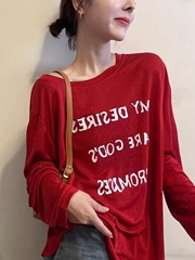 韩系chic别致洋气减龄宽松上衣设计小众红色印花显瘦长袖T恤女夏
