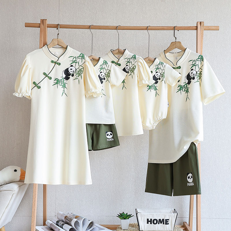 Chinese-style family outfits featuring panda and bamboo leaves, a modern Chinese style, with trendy baby rompers, cheongsams, and polo shirts.
