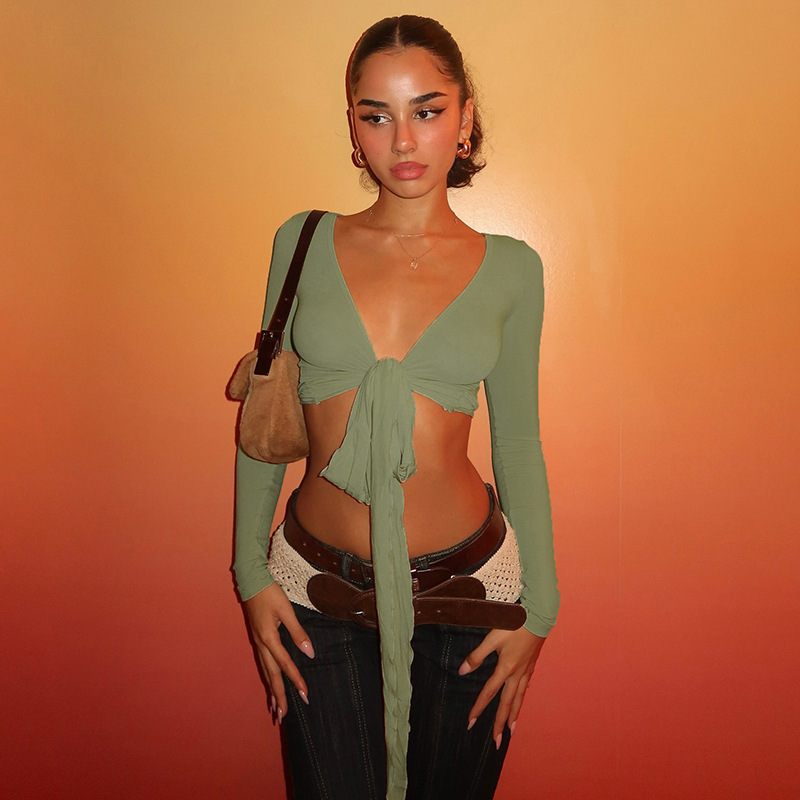 European And American Sexy Style Basic Versatile Skin-colored Strap Low V-neck Ultra-short T-shirt For Women, Slim Fit,_ecoleips.com