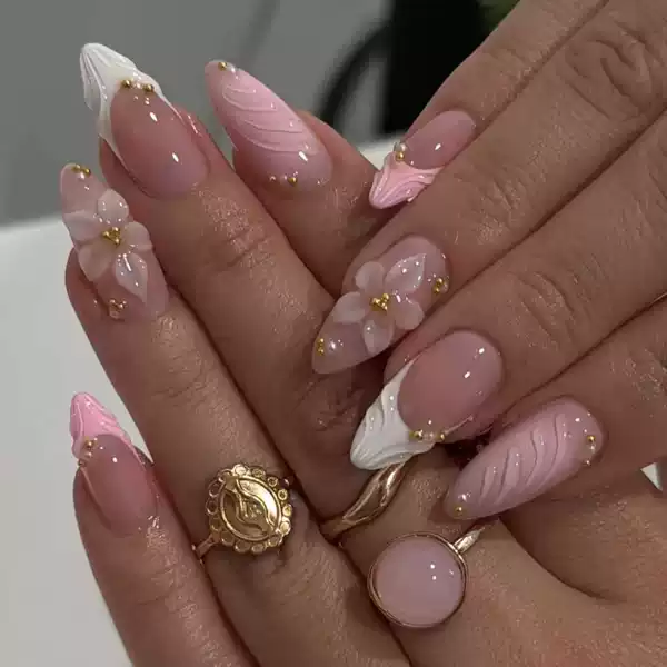 Cross-Border Hot-Selling Pink French Carved Stereo Wearable Nails 3D Flower Gold Beads Almond Manicure Nails Factory Direct Delivery