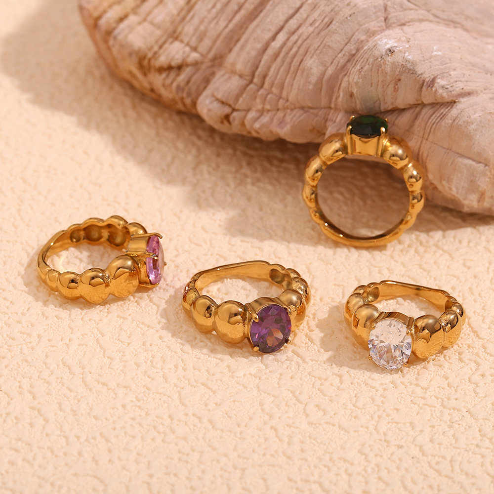 Oval Diamond Inlaid Stainless Steel Ring