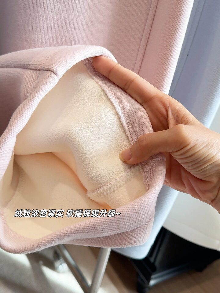 Quần thể thao nữ lưng cao ống rộng dáng suông, vải nhung dày giữ ấm mùa thu đông — Trắng, màu hồng, màu xanh biển muối, màu xám nhạt chi tiết 4