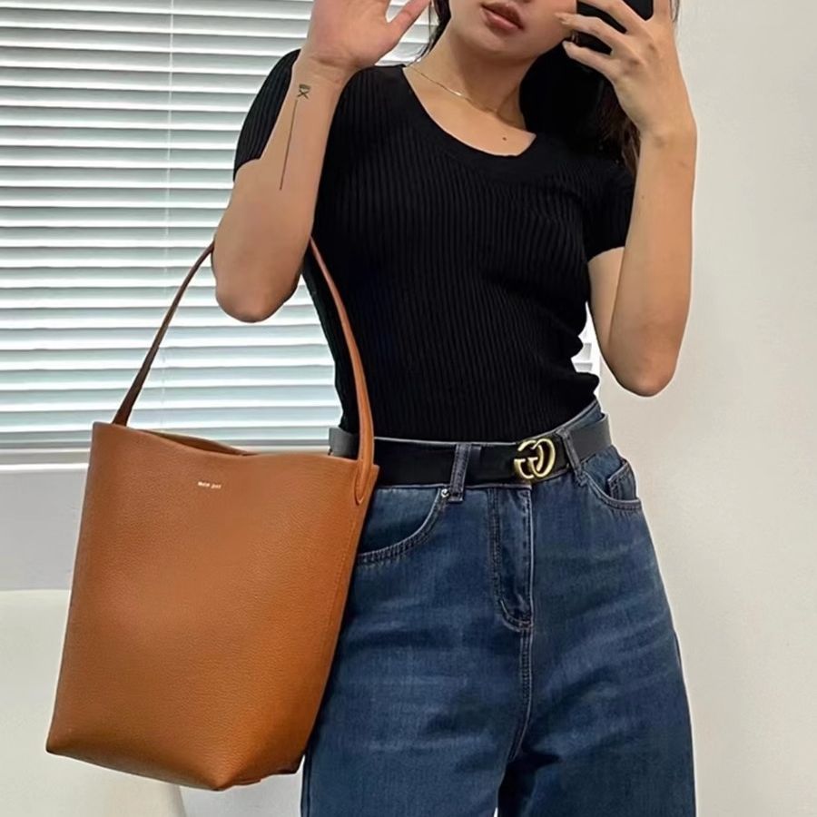 TheRw Genuine Leather Bucket Bag Shoulder Handbag Lychee Grain Cowhide Large Capacity Tote Bag For Women Crossbody Versatile - Thumbnail 2