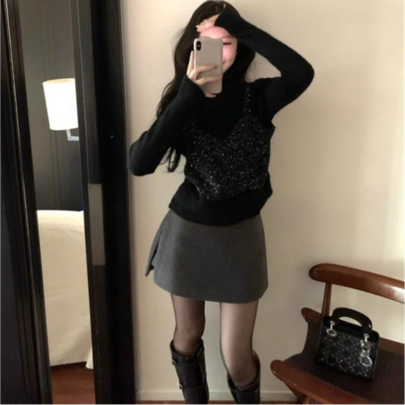 YS法式亮片假两件半高领毛衣女2025秋冬时尚百搭针织衫长袖上衣|undefined