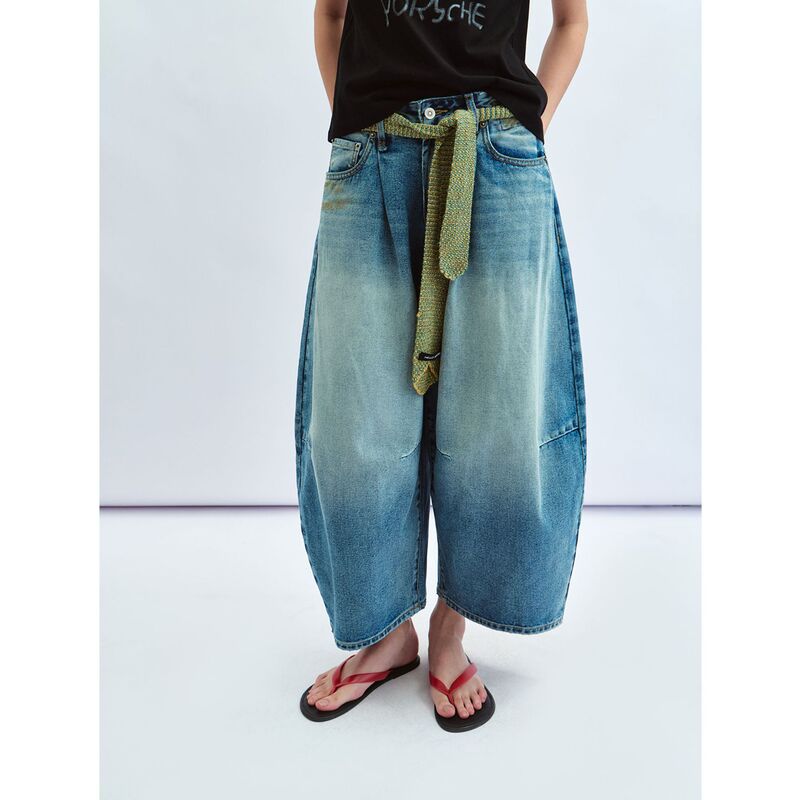 【Time Label Black】New Product Washed Low-Waist Distressed Cropped Jeans with Embroidered Back Pockets for Women V60467