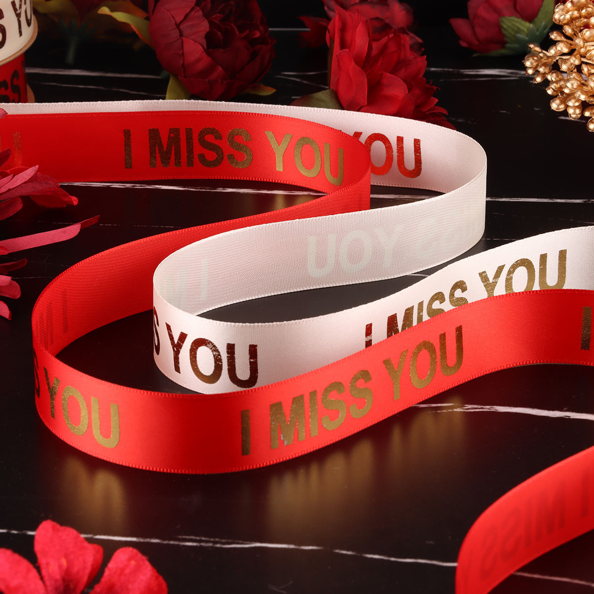 （10卷）2.5cm烫金MISS YOU涤纶印花丝带 鲜花花束蛋糕包装等织带