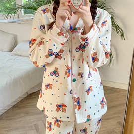韩国ins女士冬季新款加厚保暖家居服卡通小熊夹棉睡衣长袖套装潮