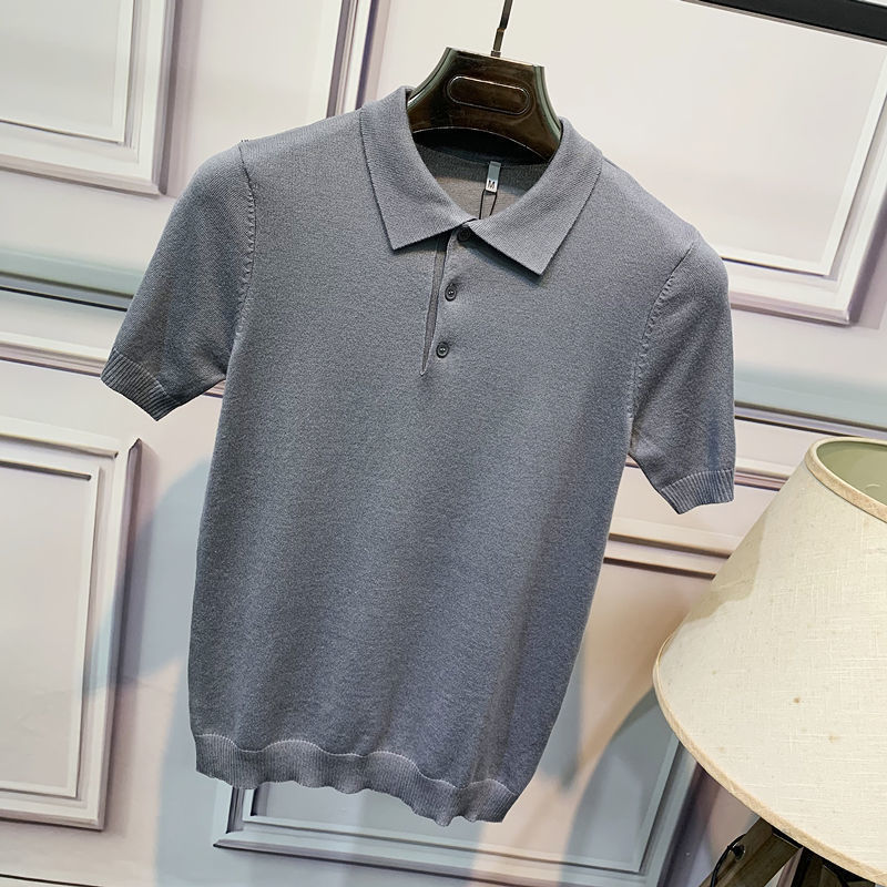 Camiseta de hombre de manga corta de punto de verano Camiseta de solapa de trabajo de color sólido delgado de estilo coreano Camiseta elástica delgada de moda al por mayor