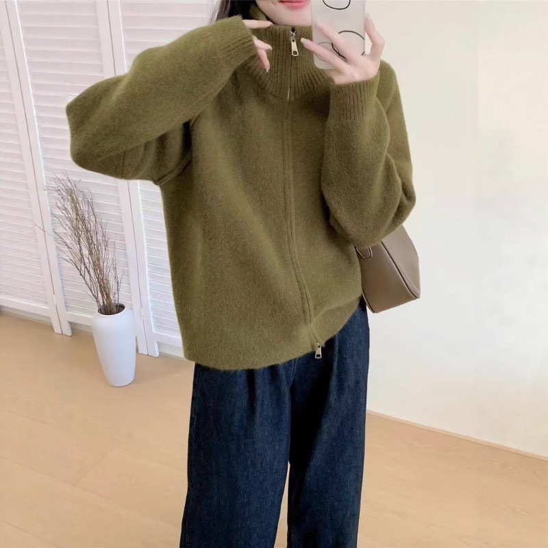 慵懒风毛衣外套女2025秋冬新款韩系纯色立领拉链针织开衫跨境女装|undefined