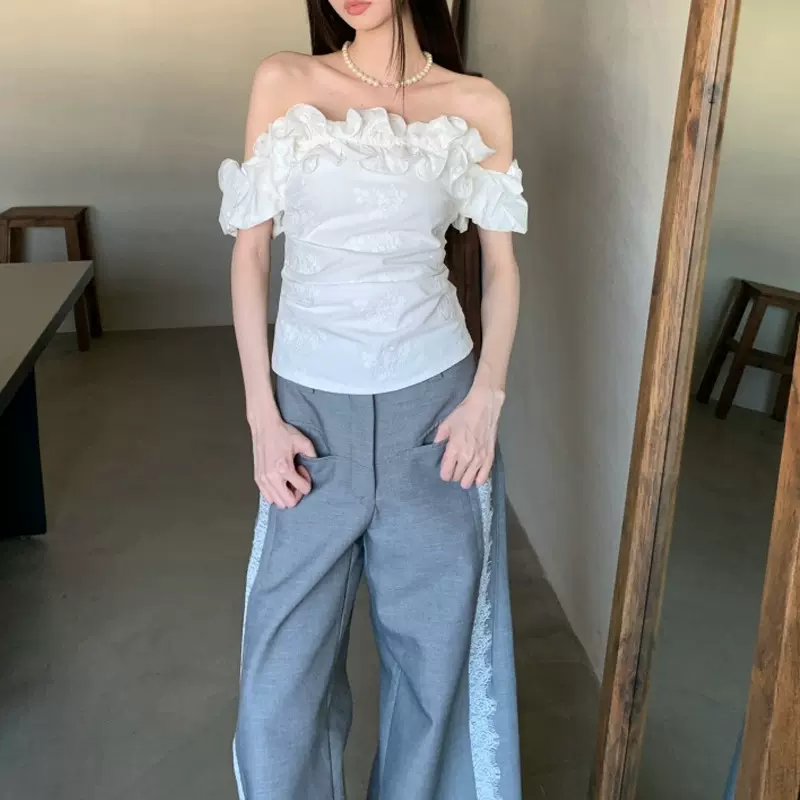 ZHOYUE卷边白色一字肩提花上衣短袖女刺绣设计感慵懒浪漫法式风潮