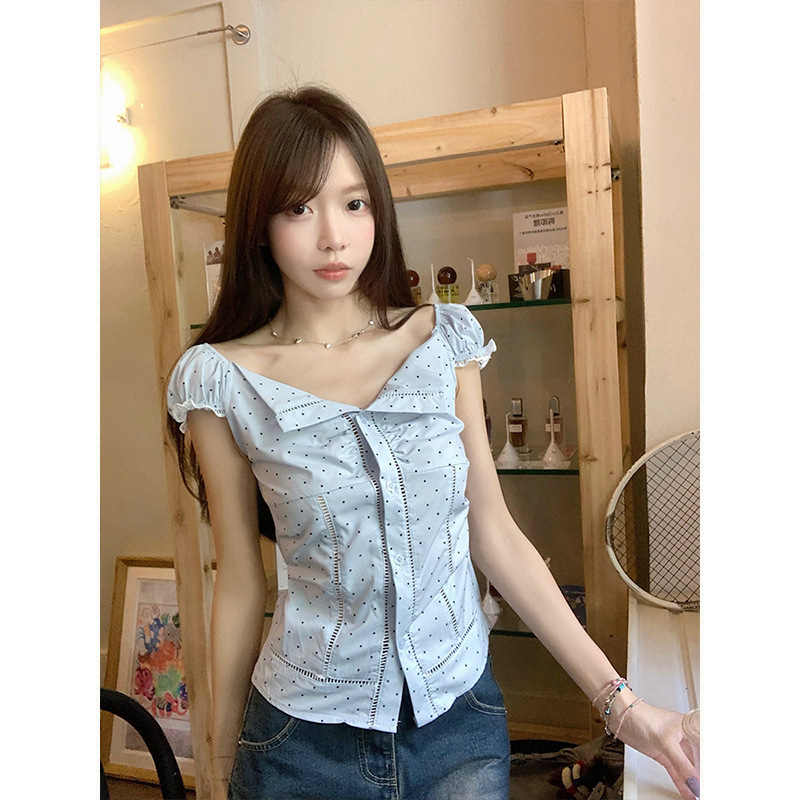 MOSESQUEEN Korean-style polka dot collared waist-tied lace puff sleeve short-sleeve shirt MOSESQUEEN Korean-style polka dot collared waist-tied lace puff sleeve short-sleeve shirt
