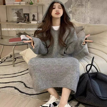 秋冬新款纯色连帽纯羊毛针织衫中长款时尚宽松遮肉打底衫毛衣长裙