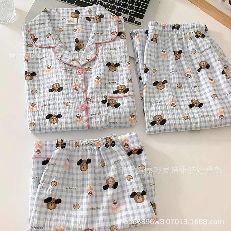 Pajamas de tres piezas de torta de oso para mujeres de verano, pantalones de manga corta, nubes de algodón adorable, viento en 2025 nueva ropa para el hogar