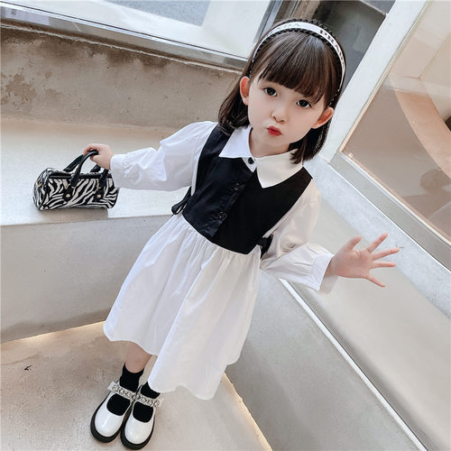 Korean version  spring and autumn new style girls' temperament pearl bow tie white shirt children's fashionable vest dress trend