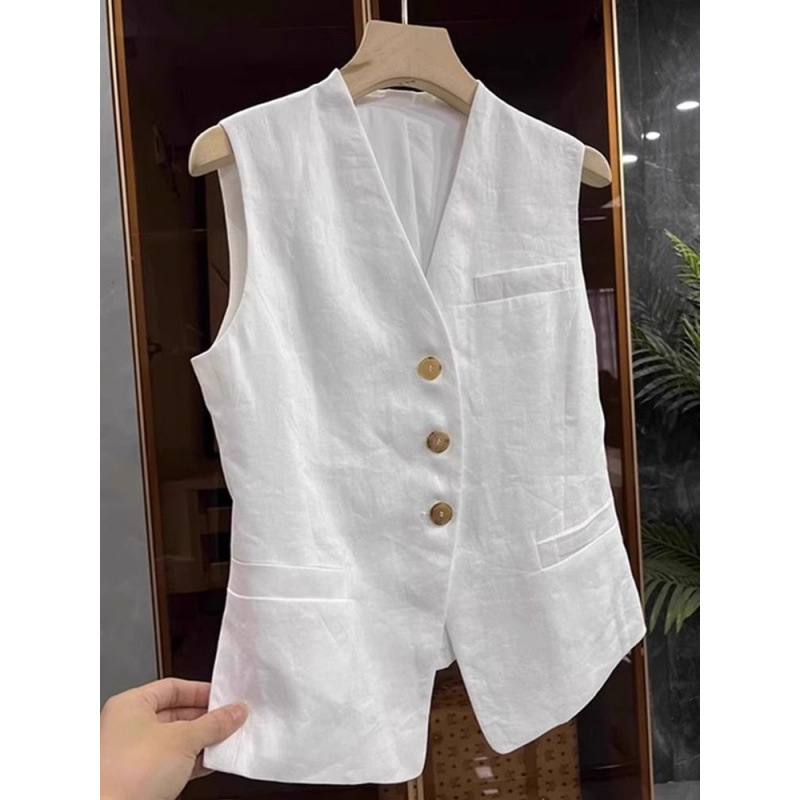 Linen Sleeveless Suit Vest Jacket for Women Spring and Summer Classy Retro Layered V-Neck Cotton and Linen Vest Vest Top Autumn