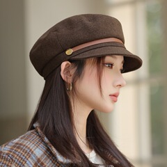 UN平顶军帽秋冬新款帽子女洋气毛呢海军帽复古英伦简约时尚鸭舌帽