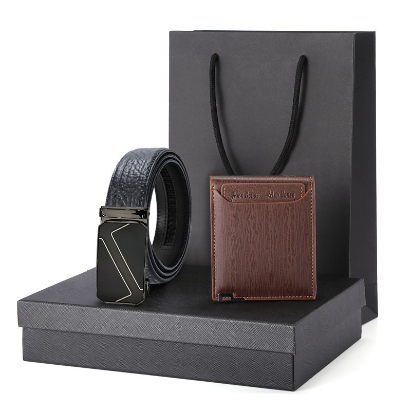 First-Layer Bison Pattern Genuine Leather Belt Wallet Set Gift Box Men's Business Gift Brand Logo Belt Customization