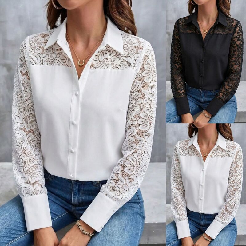 Amazon Aliexpress 2026 Spring/Summer New Women's Long Sleeve Top with Hollow Lace Patchwork and Turn-Down Collar Solid Color Shirt