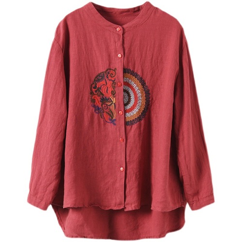 Women chinese blouses tops embroidered linen qipao shirts jacket female loose plus size tang suit outfit hanfu cotton and linen long-sleeved top